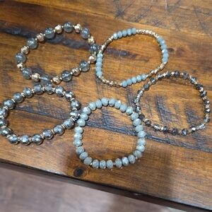 Gold and Light Blue Beaded Stretch Bracelet Set - Women Jewelry